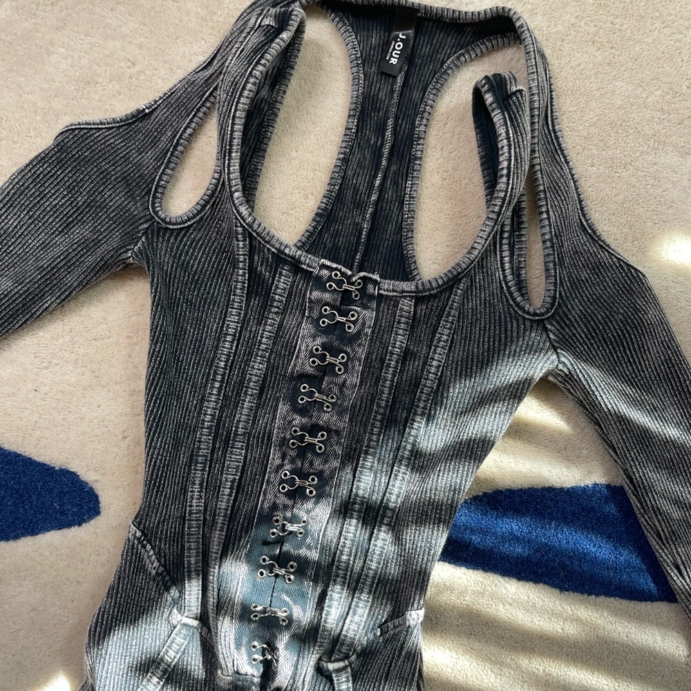 Black Washed Corset Cold Shoulder Long Sleeve Jumpsuit